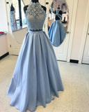 Light Blue High Neck Lace Party Dresses Backless Evening Gowns Prom Dress