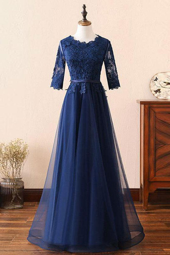 A Line 3/4 Sleeves Navy Blue Lace Prom Dresses
