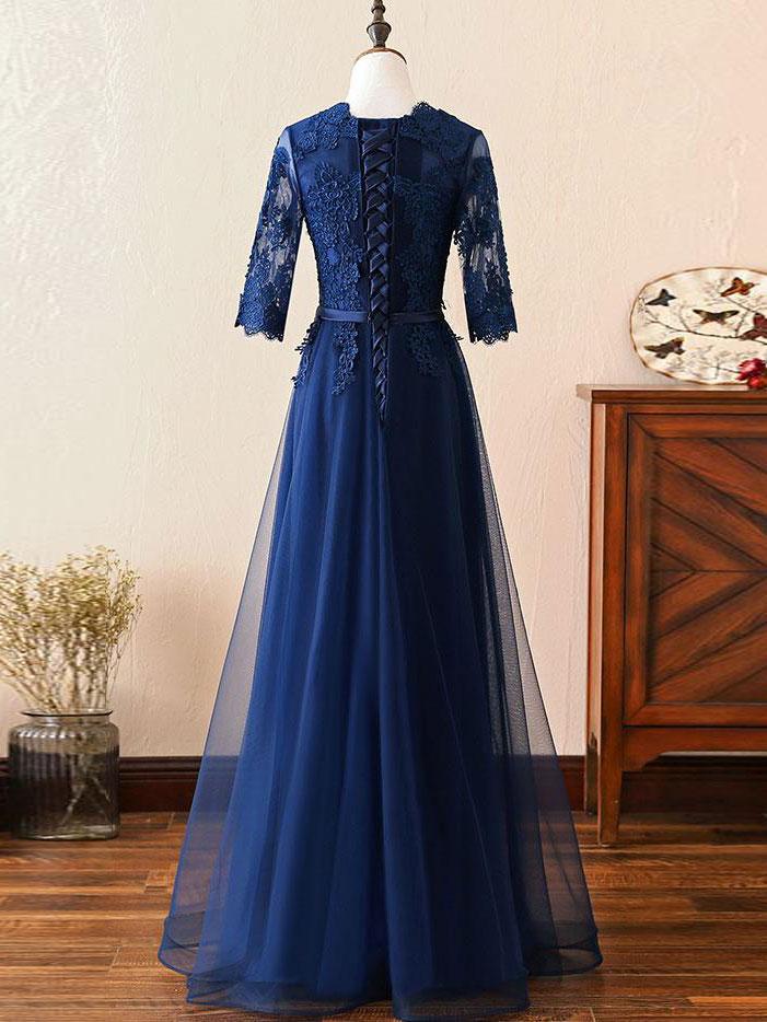 A Line 3/4 Sleeves Navy Blue Lace Prom Dresses