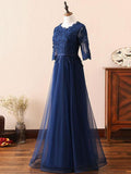 A Line 3/4 Sleeves Navy Blue Lace Prom Dresses