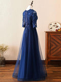 A Line 3/4 Sleeves Navy Blue Lace Prom Dresses