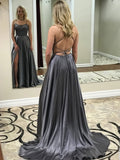 Elegant Spaghetti Straps Grey Open Back Cheap A Line Prom Dresses Evening Formal Dress