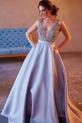 A Line Deep V Neck Off the Shoulder Beaded Prom Dresses With Pocket