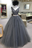 2 Pieces Beaded Grey V Neck Tulle Long Ball Gown Prom Dresses