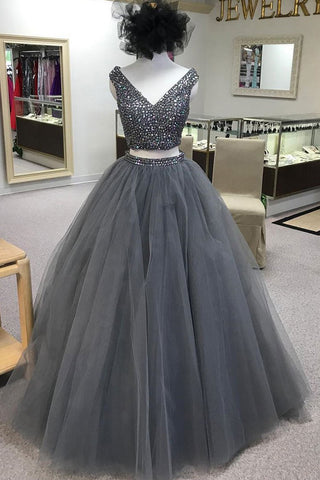2 Pieces Beaded Grey V Neck Tulle Long Ball Gown Prom Dresses