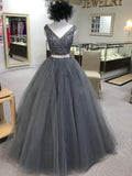 2 Pieces Beaded Grey V Neck Tulle Long Ball Gown Prom Dresses