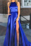 New Arrival High Neck Royal Blue Open Back Long Slit Prom Dresses Evening Formal Dress