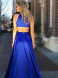 New Arrival High Neck Royal Blue Open Back Long Slit Prom Dresses Evening Formal Dress