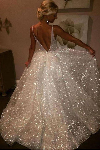 Shiny V Neck Sequin Lace Backless Ball Gown Long Cheap Prom Dresses Evening Formal Dress