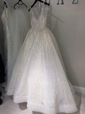 Shiny V Neck Sequin Lace Backless Ball Gown Long Cheap Prom Dresses Evening Formal Dress