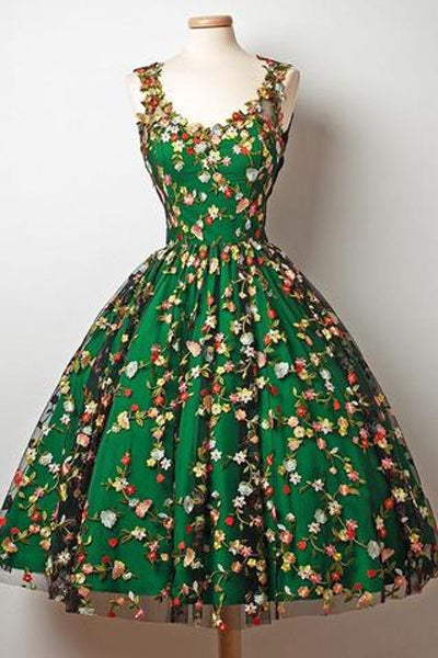 New Arrival Embroidery Lace Flowers Green Satin Homecoming Dresses Short Prom Dress Gowns