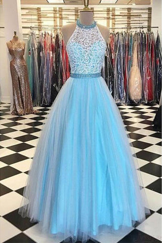 High Neck Halter White Lace Light Blue Evening Gowns Prom Dress