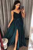 A Line Spaghetti Straps Emerald Green Split Cheap Prom Dresses Evening Gowns Formal Dress