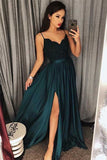 A Line Spaghetti Straps Emerald Green Split Cheap Prom Dresses Evening Gowns Formal Dress