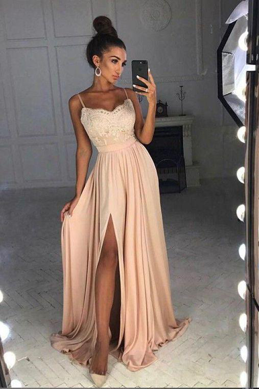 A Line Spaghetti Straps Lace Front Split Long Prom Dresses Evening Gowns Formal Dress