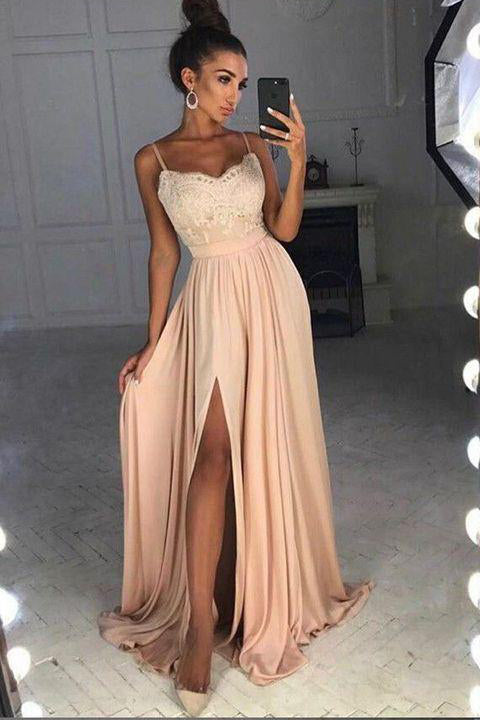A Line Spaghetti Straps Lace Front Split Long Prom Dresses Evening Gowns Formal Dress