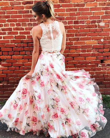 New High Neck Lace 2 Pieces Printing Flowers Prom Dresses Evening Gowns Formal Dress