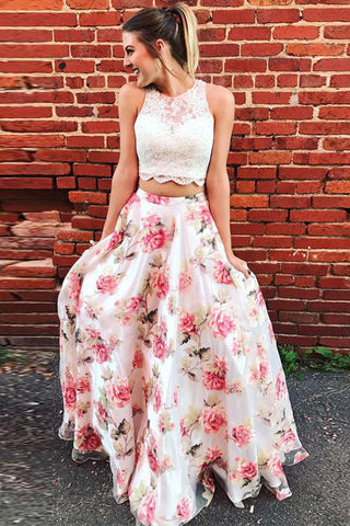 New High Neck Lace 2 Pieces Printing Flowers Prom Dresses Evening Gowns Formal Dress
