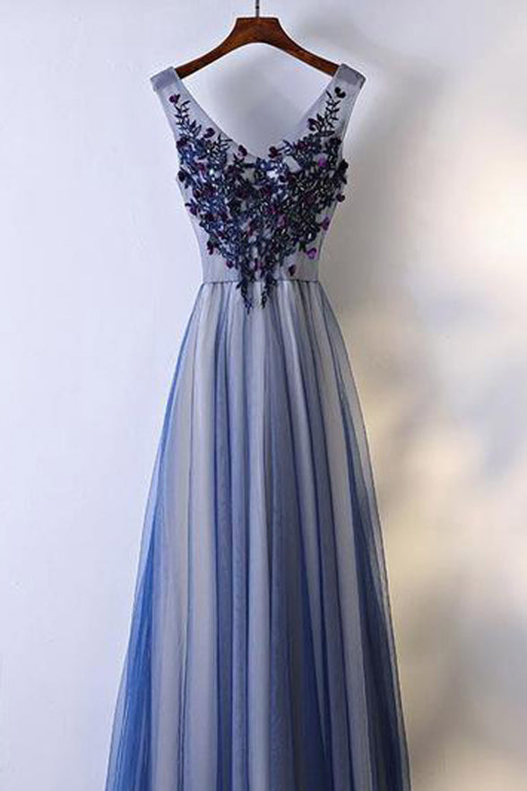 Real Picture V Neck Off the Shoulder Appliques Royal Blue Prom Dresses Formal Dress