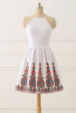 Fashion Spaghetti Straps Embroidery White Backless Homecoming Dresses Short Prom Dress Gowns