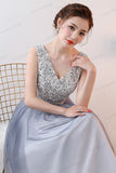 New Arrival V Neck Silver Sequin Ombre Tulle A Line Cheap Prom Dresses Formal Dress