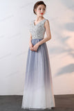 New Arrival V Neck Silver Sequin Ombre Tulle A Line Cheap Prom Dresses Formal Dress