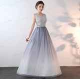 New Arrival V Neck Silver Sequin Ombre Tulle A Line Cheap Prom Dresses Formal Dress