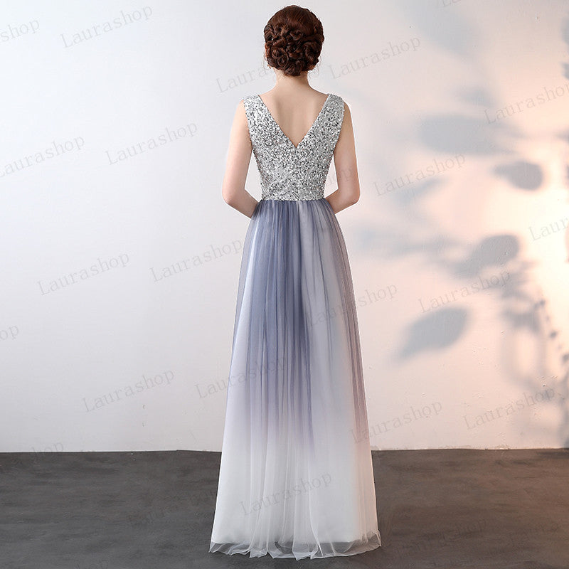 New Arrival V Neck Silver Sequin Ombre Tulle A Line Cheap Prom Dresses Formal Dress