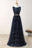 A Line Real Picture Navy Blue Tulle Floor Length Cheap Prom Dresses Party Formal Dress