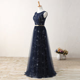 A Line Real Picture Navy Blue Tulle Floor Length Cheap Prom Dresses Party Formal Dress