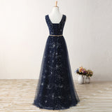 A Line Real Picture Navy Blue Tulle Floor Length Cheap Prom Dresses Party Formal Dress