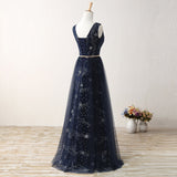 A Line Real Picture Navy Blue Tulle Floor Length Cheap Prom Dresses Party Formal Dress