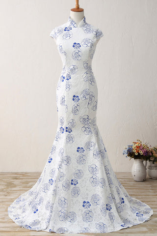 New Arrival High Neck Printing Flowers Mermaid White Prom Dresses Evening Formal Dress