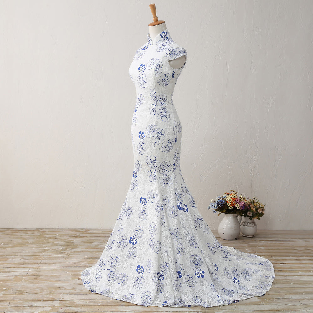New Arrival High Neck Printing Flowers Mermaid White Prom Dresses Evening Formal Dress