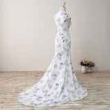 New Arrival High Neck Printing Flowers Mermaid White Prom Dresses Evening Formal Dress