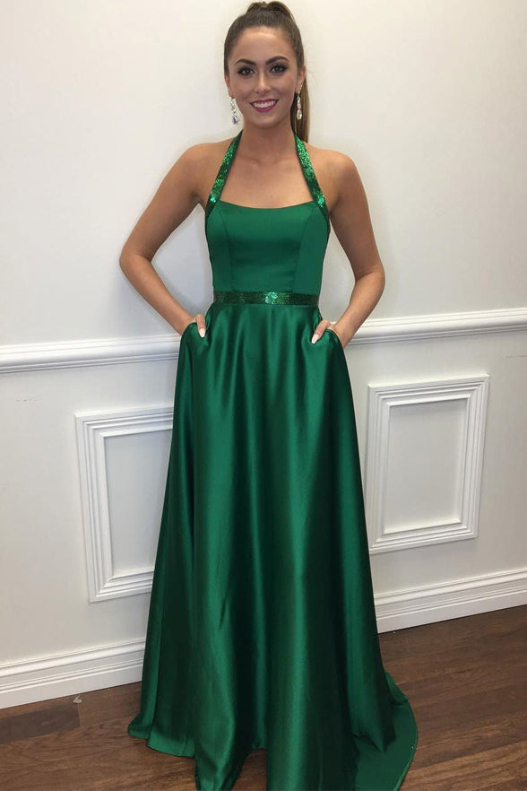 Elegant A Line Halter Green Satin Prom Dresses With Pocket Evening Gown Formal Dress
