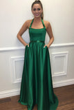 Elegant A Line Halter Green Satin Prom Dresses With Pocket Evening Gown Formal Dress