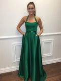 Elegant A Line Halter Green Satin Prom Dresses With Pocket Evening Gown Formal Dress