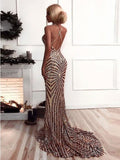 Shiny Rose Gold Sequin Mermaid V Neck Backless Prom Dresses Evening Gown Formal Dress