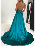 A Line V Neck Open Back Front Split Halter Elegant Prom Dresses Evening Formal Dress