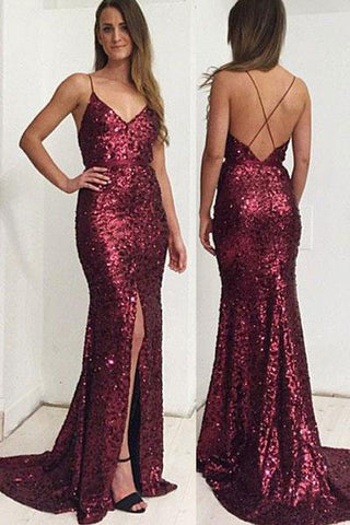 Sexy Sequin Backless Spaghetti Straps Split V Neck Mermaid Prom Dresses Evening Formal Dress