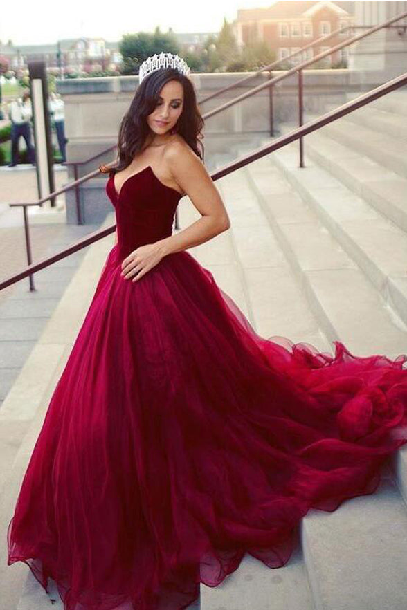 Fashion A Line Burgundy Tulle Bodice Long Prom Dresses Evening Gown Formal Dress