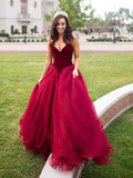 Fashion A Line Burgundy Tulle Bodice Long Prom Dresses Evening Gown Formal Dress