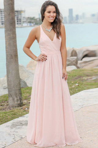 A Line V Neck Pink Chiffon See Through Back Halter Prom Dresses Bridesmaid Dress