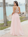 A Line V Neck Pink Chiffon See Through Back Halter Prom Dresses Bridesmaid Dress