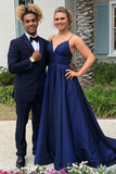 Elegant Navy Blue Satin Spaghetti Straps V Neck Cheap Prom Dresses Evening Gown Formal Dress