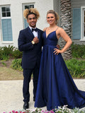 Elegant Navy Blue Satin Spaghetti Straps V Neck Cheap Prom Dresses Evening Gown Formal Dress