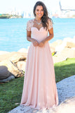 Charming Short Sleeves Pink Lace Chiffon Backless Prom Dresses Formal Bridesmaid Dress