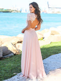 Charming Short Sleeves Pink Lace Chiffon Backless Prom Dresses Formal Bridesmaid Dress