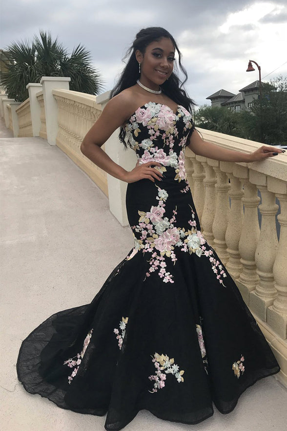New Fashion Pink Flowers Embroidery Mermaid Black Prom Dresses Evening Gown Formal Dress